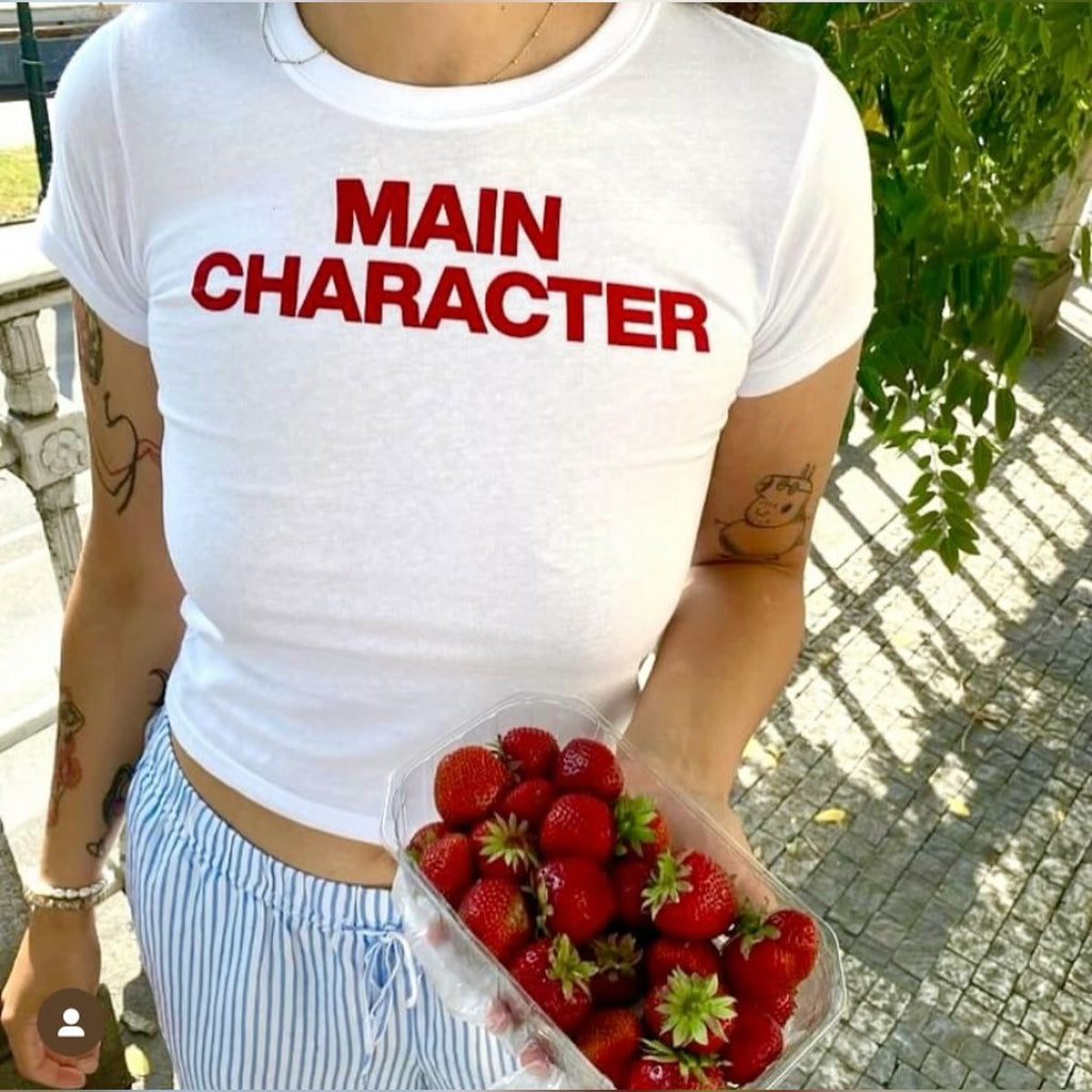 Main Character Energy Slim Fit Crop Tee – Bold Red Varsity Text Shirt