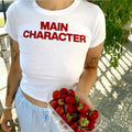 Main Character Energy Slim Fit Crop Tee – Bold Red Varsity Text Shirt