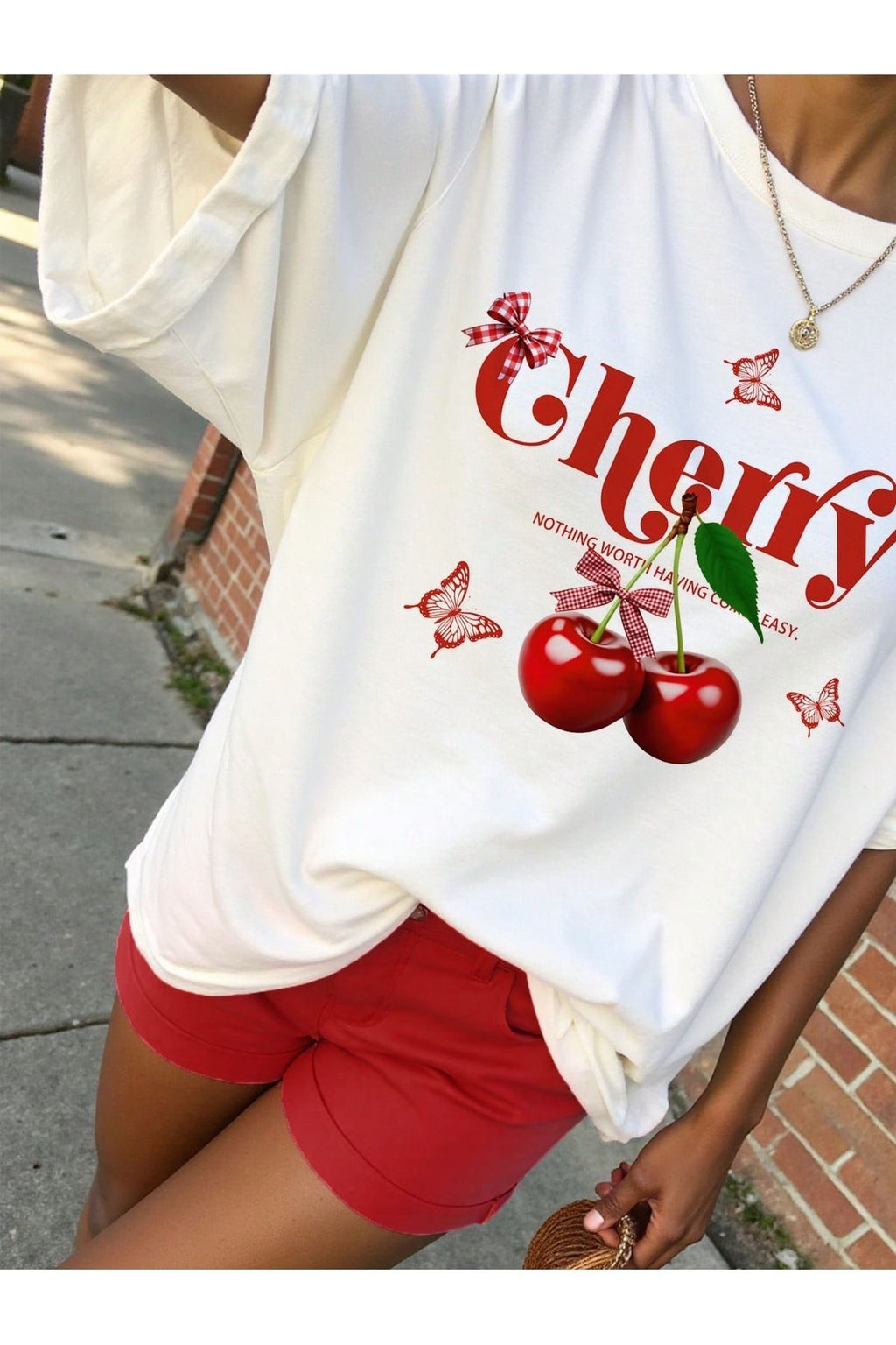 Vintage Cherries & Bow Graphic Oversized Tee