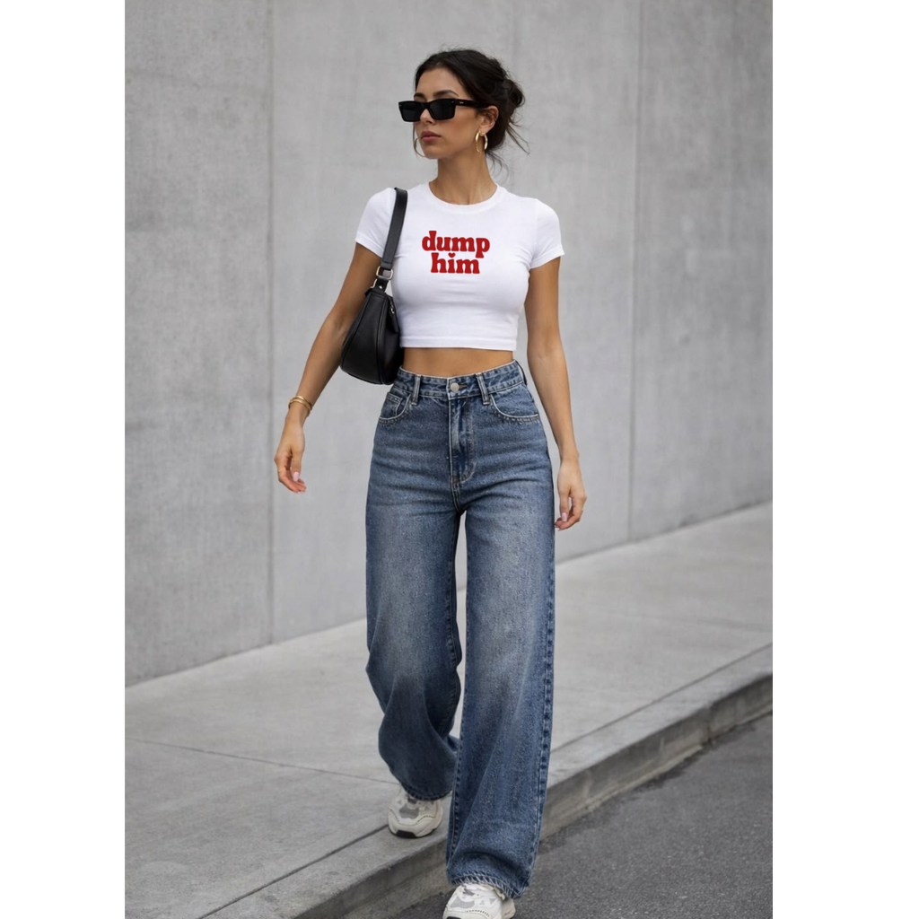 Dump Him Retro Statement crop Tee – Red Block Font Slim Fit Shirt