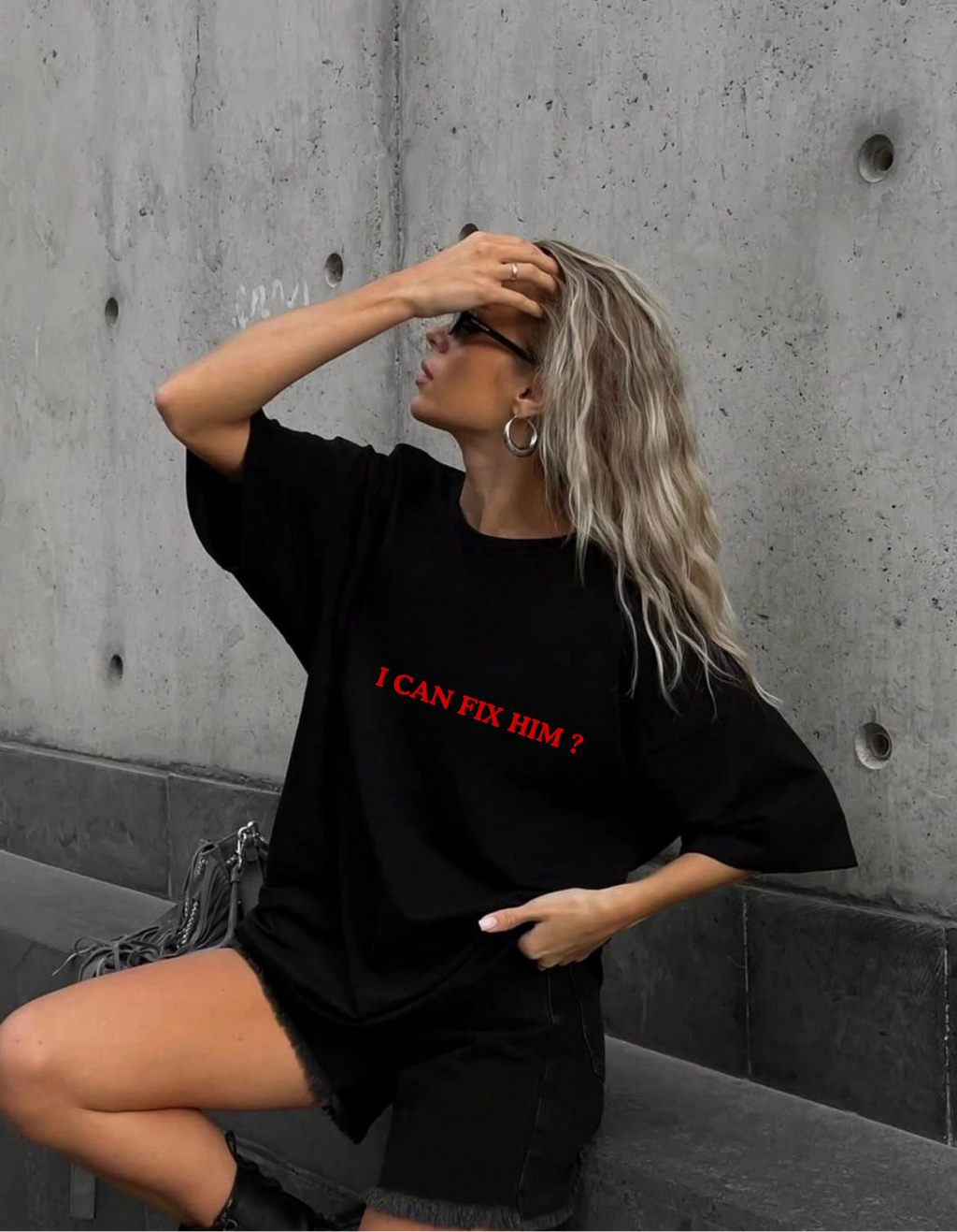 "I Can Fix Him? / No I Can't" Double-Sided Graphic Tee | Edgy Black Oversized Slogan T-Shirt