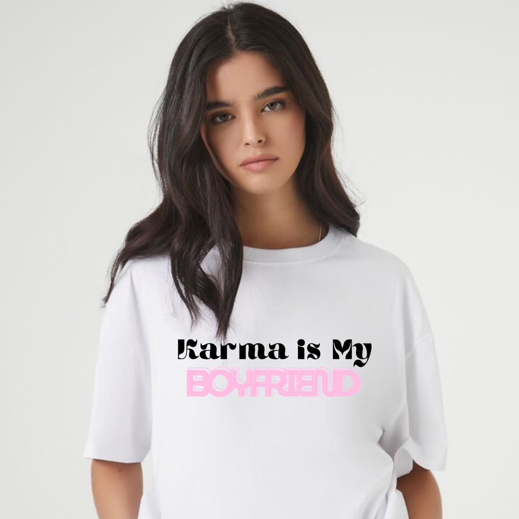 Karma Is My Boyfriend T-Shirt | Pastel Pink Typography Tee