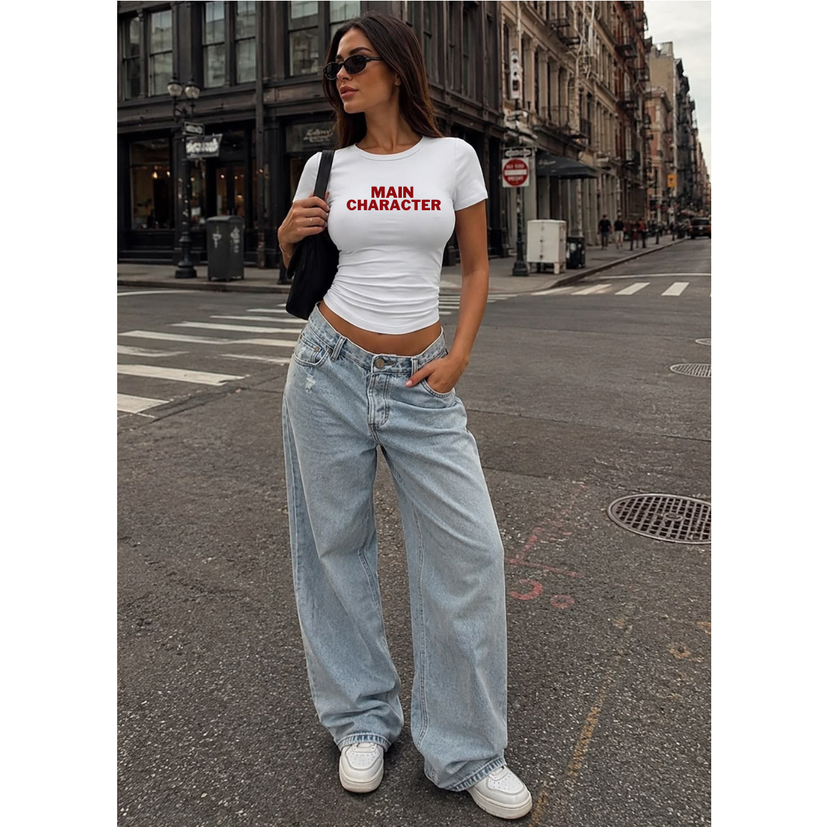 Main Character Energy Slim Fit Crop Tee – Bold Red Varsity Text Shirt