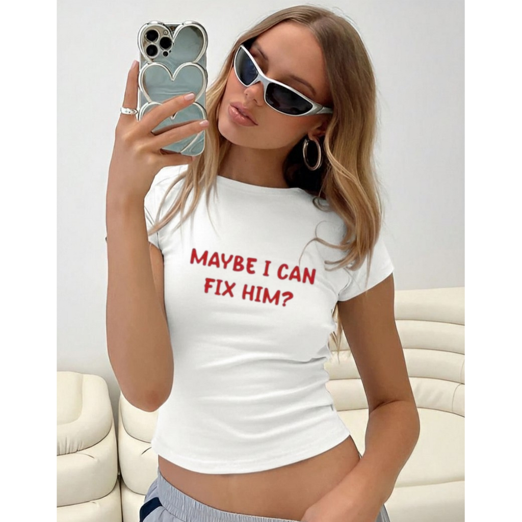 Maybe I Can Fix Him? Ribbed Crop Tee – Red Bubble Text Graphic Shirt