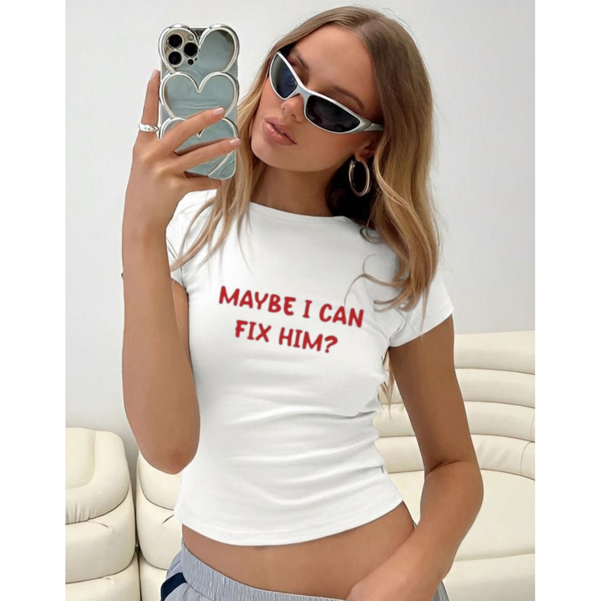 Maybe I Can Fix Him? Ribbed Crop Tee – Red Bubble Text Graphic Shirt