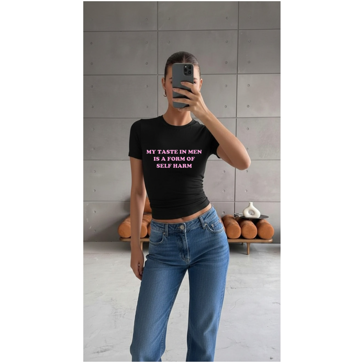 Black "My Taste In Men" Sarcastic Crop Tee