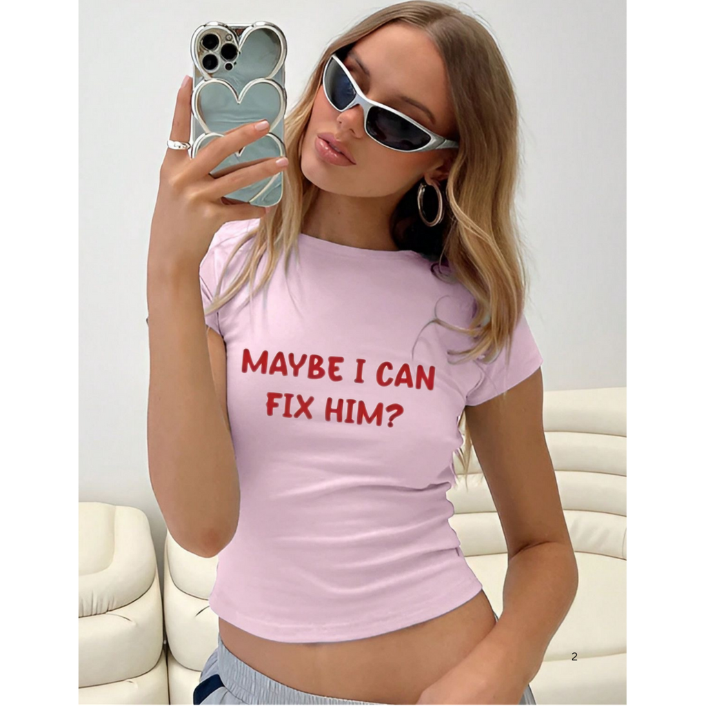 Maybe I Can Fix Him? Ribbed Crop Tee – Red Bubble Text Graphic Shirt