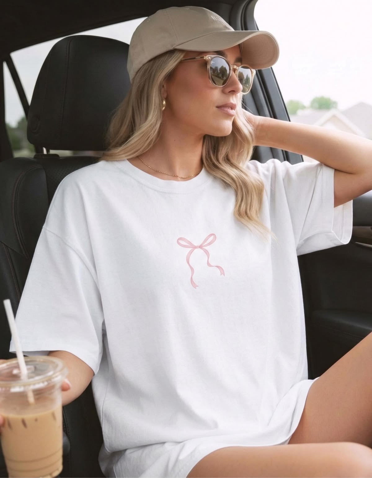 Minimalist Dainty Pink Bow Oversized T-Shirt