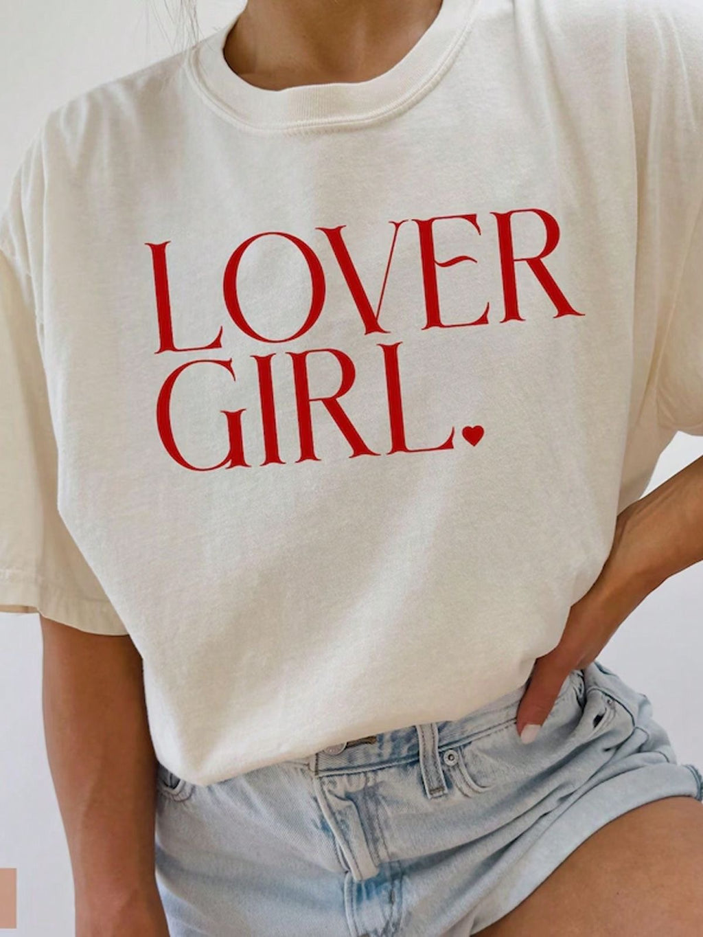 Lover Girl Vintage Cream Graphic Tee – Red Romantic Serif Typography Shirt