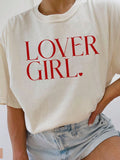 Lover Girl Vintage Cream Graphic Tee – Red Romantic Serif Typography Shirt