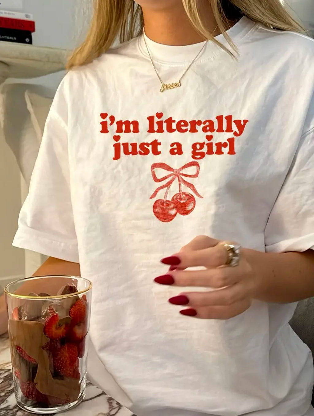 Cute Cherry Graphic Tee – “I’m Literally Just A Girl” Aesthetic T-Shirt
